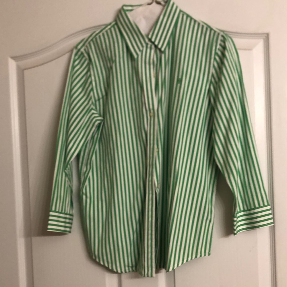 Ralph Lauren 3/4 sleeve green stripe button down, Medium